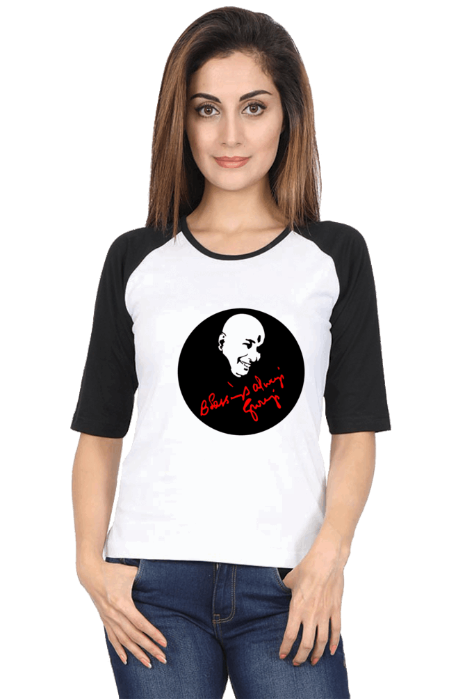 Female Raglan Full Sleeve T-Shirt with "Blessing Always Guruji" Print