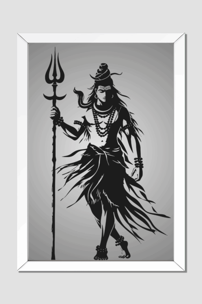 Dynamic Lord Shiva Silhouette - Black & White Framed Wall Poster 16 x 24 Size