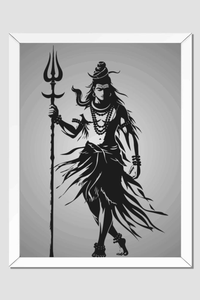 Divine Lord Shiva Silhouette Art - Black & White Framed Poster 18 x 24 Size