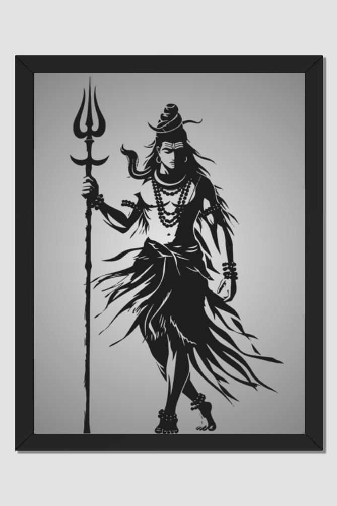 Divine Lord Shiva Silhouette Art - Black & White Framed Poster 18 x 24 Size