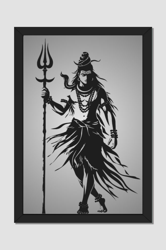 Dynamic Lord Shiva Silhouette - Black & White Framed Wall Poster 16 x 24 Size