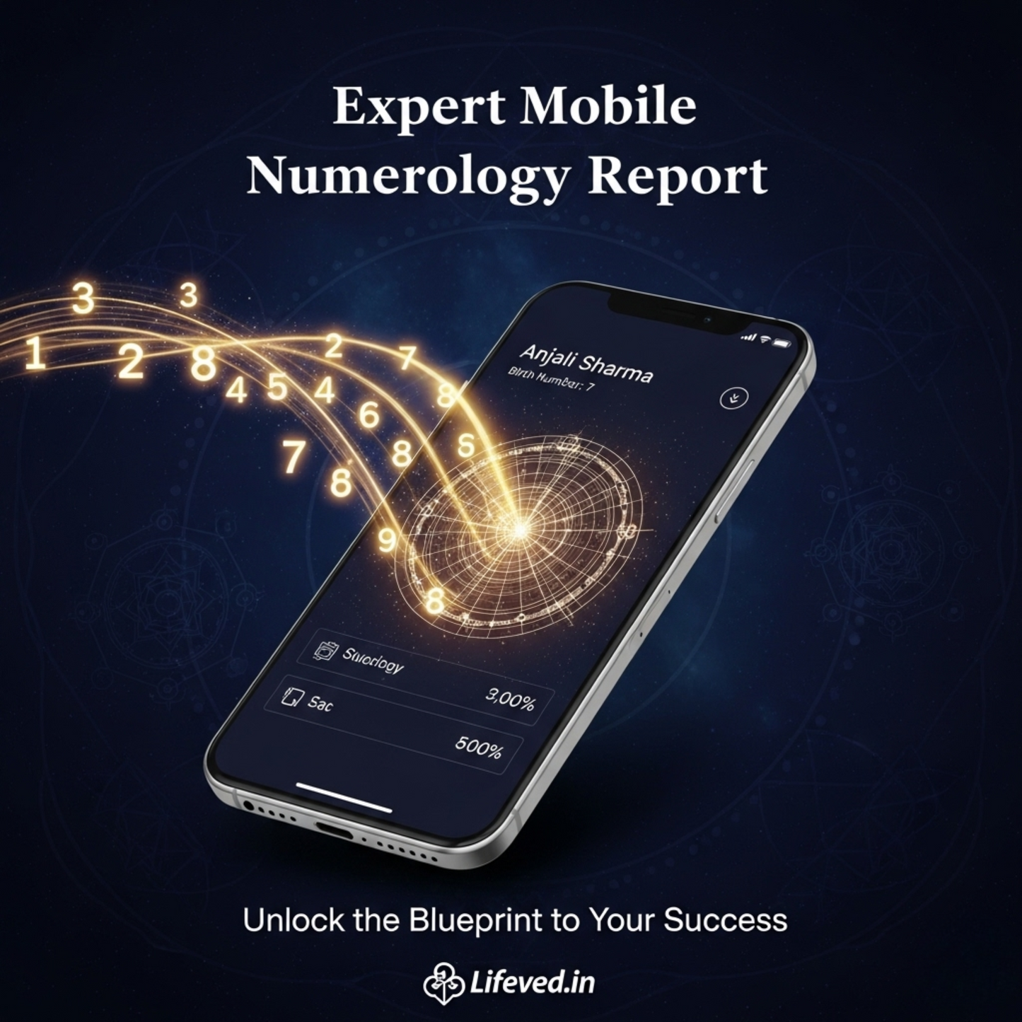Phone displaying a numerology app with glowing numbers on a dark background, featuring the brand 'Lifeved.in'.