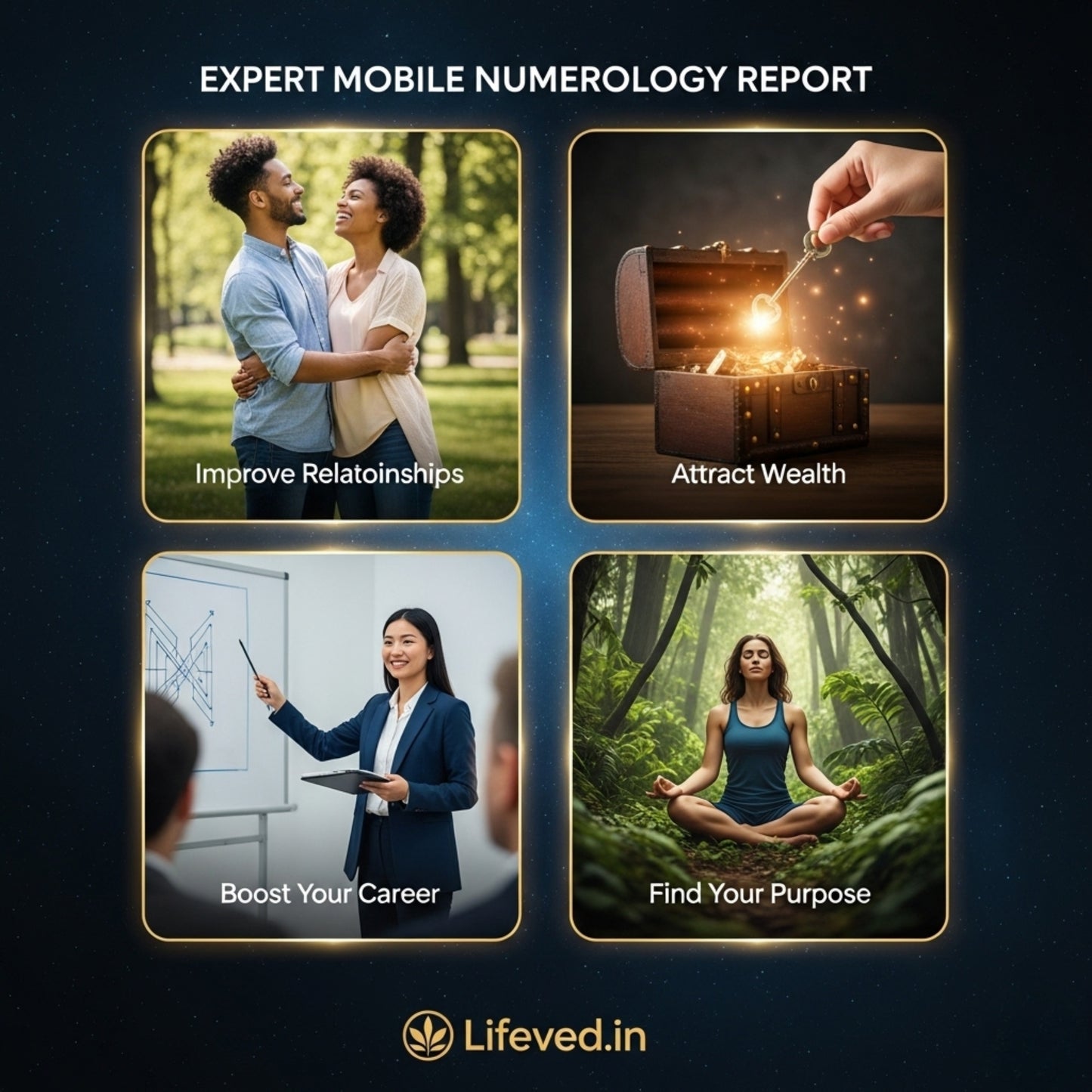 Promotional graphic for Lifeved.in with four scenarios: improve relationships, attract wealth, boost career, find purpose.