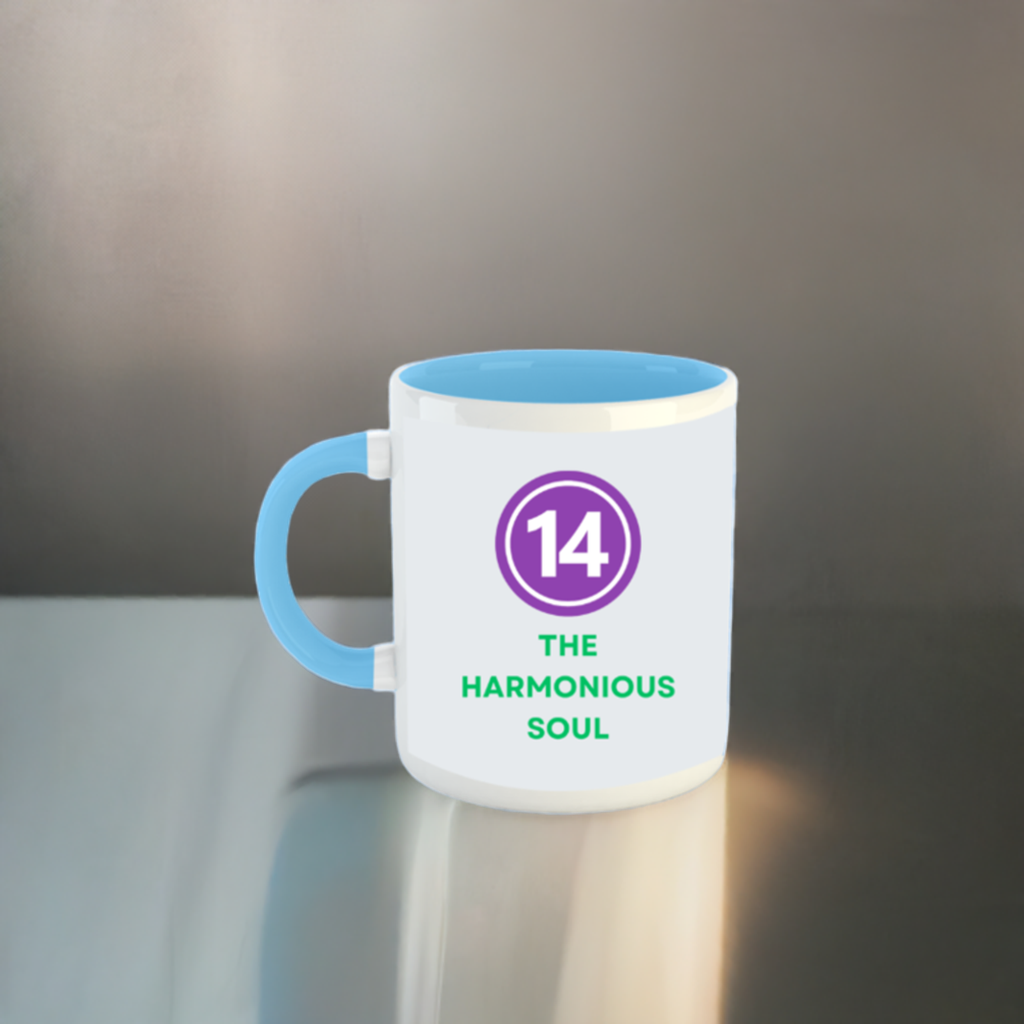 Numerology Mug: The Harmonious Soul (Born on the 14th) | White and Sky Blue Unisex Coffee Mug