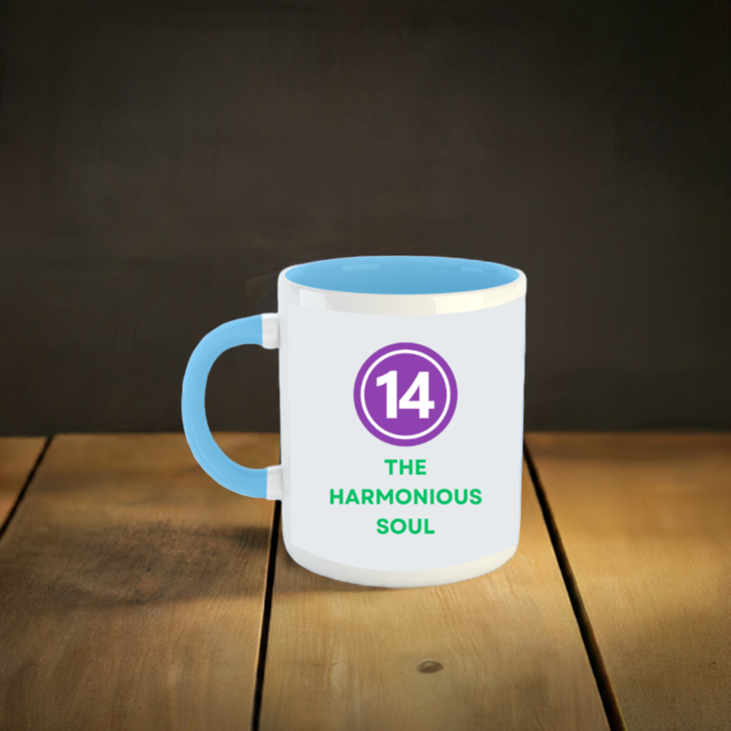 Numerology Mug: The Harmonious Soul (Born on the 14th) | White and Sky Blue Unisex Coffee Mug