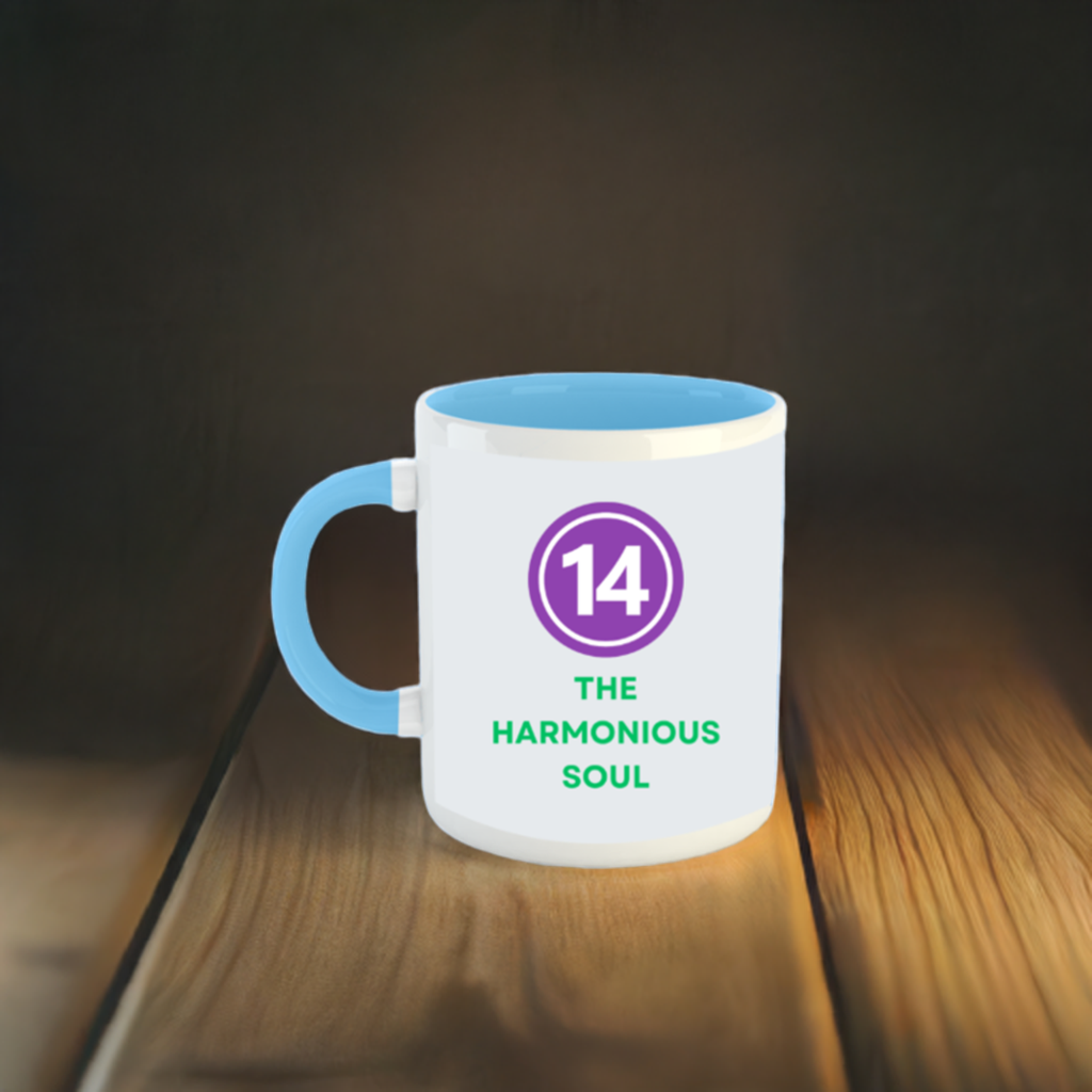 Numerology Mug: The Harmonious Soul (Born on the 14th) | White and Sky Blue Unisex Coffee Mug