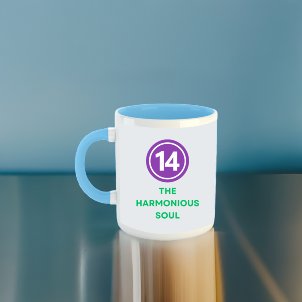 Numerology Mug: The Harmonious Soul (Born on the 14th) | White and Sky Blue Unisex Coffee Mug