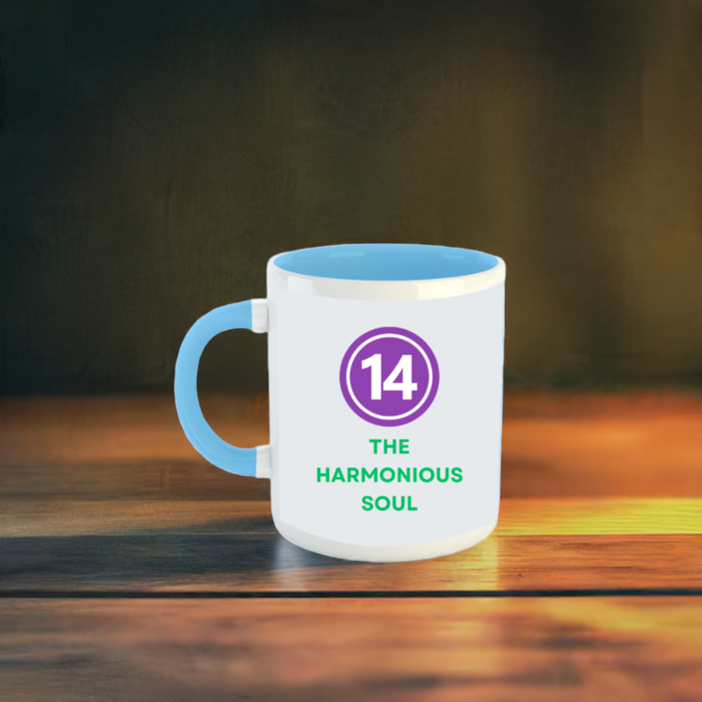 Numerology Mug: The Harmonious Soul (Born on the 14th) | White and Sky Blue Unisex Coffee Mug