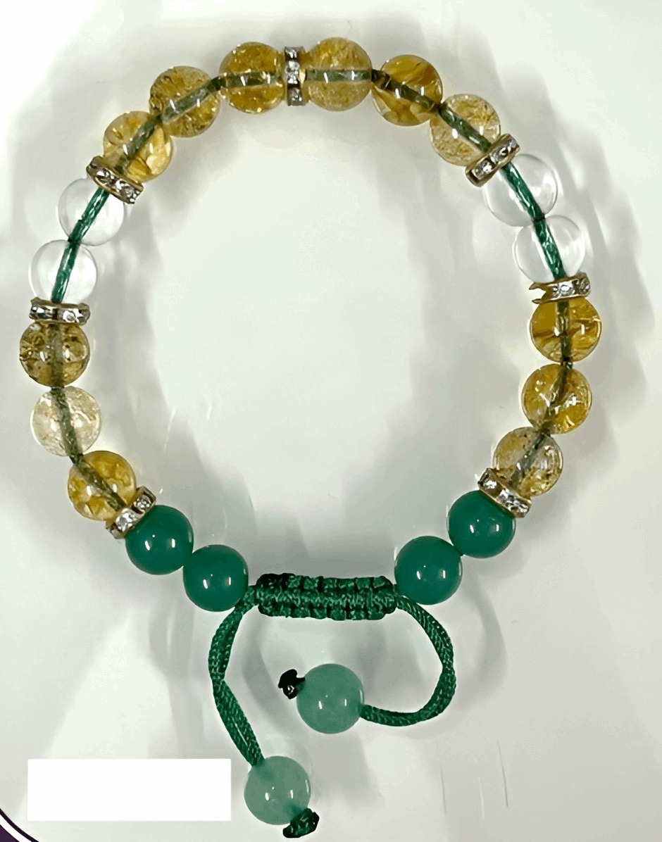 Education Success and Mental Clarity Crystal Bracelet having Yellow Citrine, Green Aventurine, and Clear Quartz
