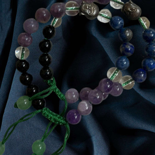 Education and Stress Control Bracelet having Amethyst, Lapis, Clear Quartz and Black Tourmaline 