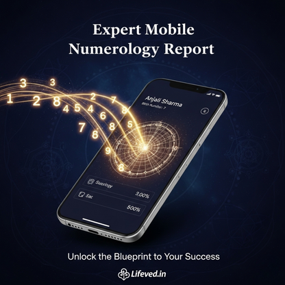 Phone displaying a numerology app with glowing numbers on a dark background, featuring the brand 'Lifeved.in'.