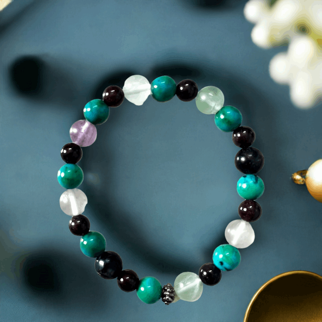 Fluorite, Turquoise, Garnet, and Clear Crystal Bracelet to get relief from Pain Arthritis