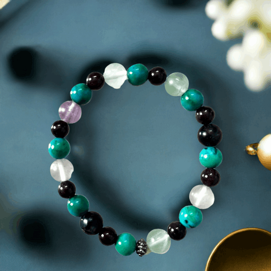 Fluorite, Turquoise, Garnet, and Clear Crystal Bracelet to get relief from Pain Arthritis