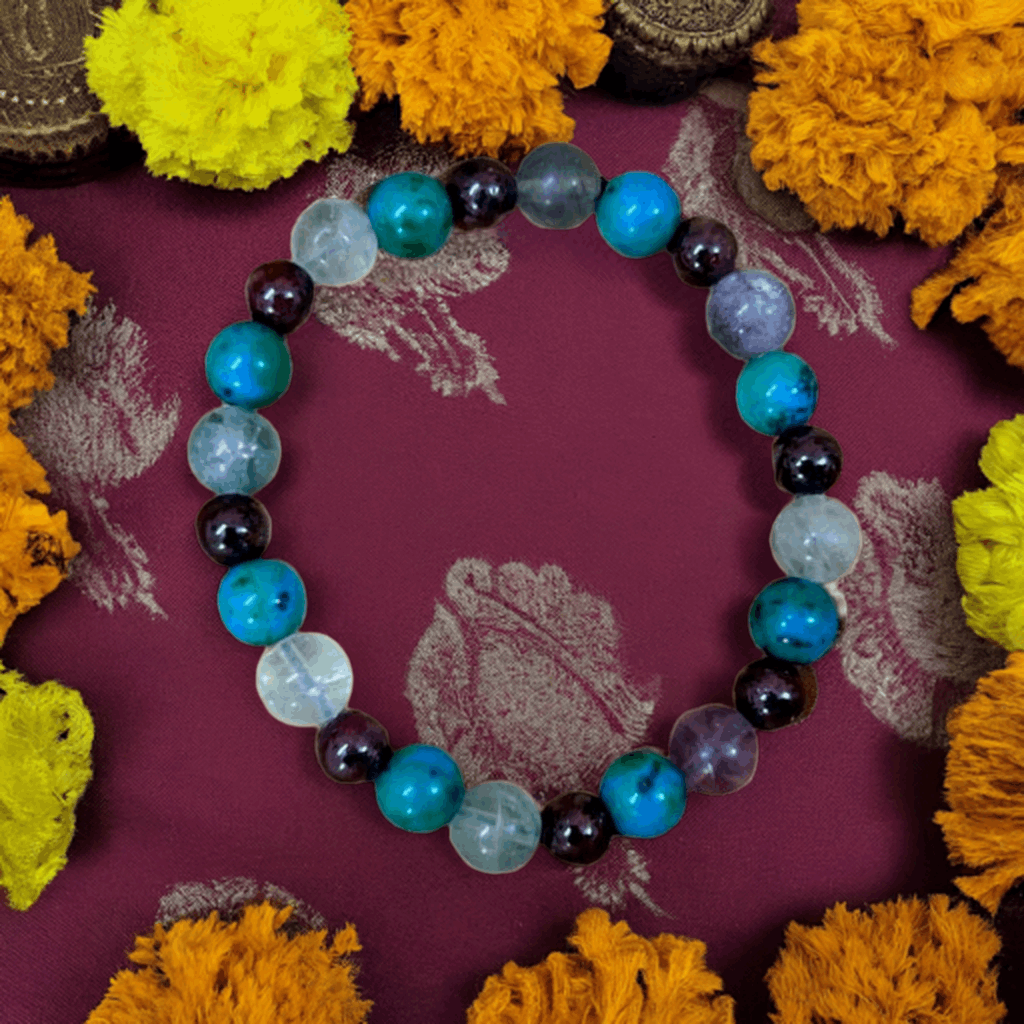 Fluorite, Turquoise, Garnet, and Clear Crystal Bracelet to get relief from Pain