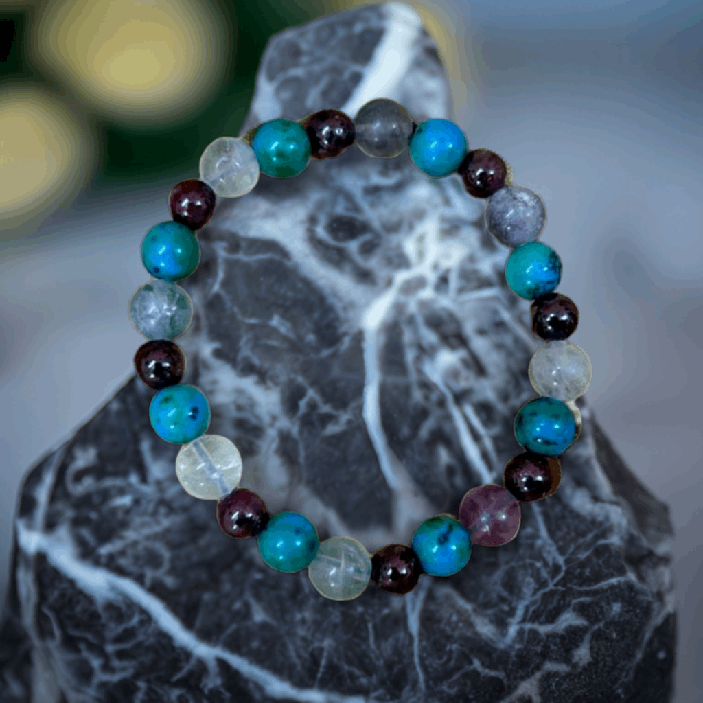 Fluorite, Turquoise, Garnet, and Clear Crystal Bracelet to get relief from Pain Arthritis