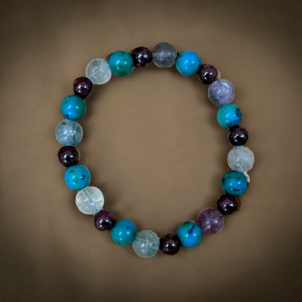 Fluorite, Turquoise, Garnet, and Clear Crystal Bracelet to get relief from Pain Arthritis